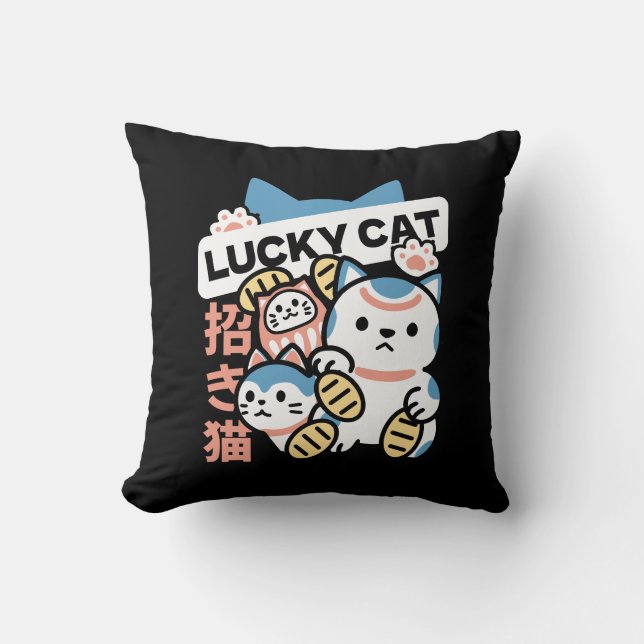 Lucky Cat Art – Maneki Neko with Gold Coin Cushion (Front)