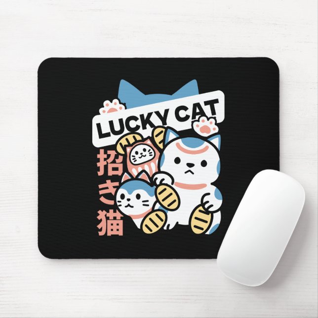 Lucky Cat Art – Maneki Neko with Gold Coin Mouse Pad (With Mouse)