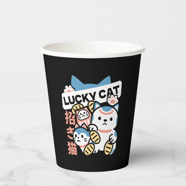 Lucky Cat Art – Maneki Neko with Gold Coin Paper Cups (Front)