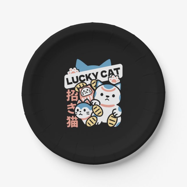 Lucky Cat Art – Maneki Neko with Gold Coin Paper Plate (Front)
