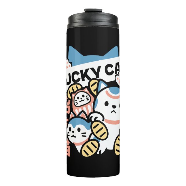 Lucky Cat Art – Maneki Neko with Gold Coin Thermal Tumbler (Front)