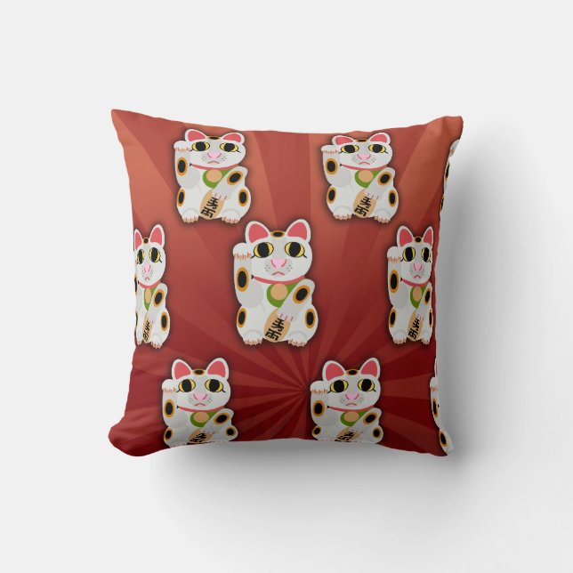 Lucky Cat Cartoon Fortune Pet White Kitty Art Cushion (Front)