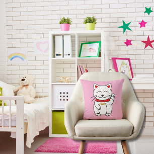 Lucky Cat for Cat Lovers Pink Throw Pillow 