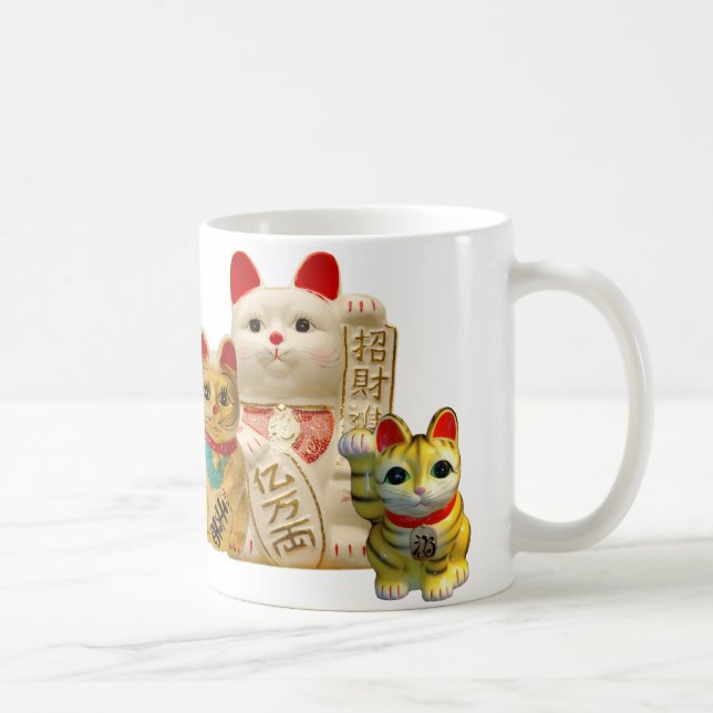 Lucky Cat Japanese Good Luck Waving Cats Group Coffee Mug (Right)