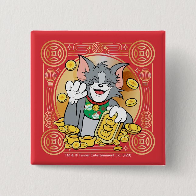 Lucky Cat Jerry With Gold Sycees 15 Cm Square Badge (Front)