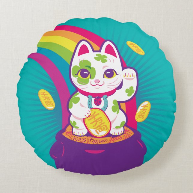 Lucky Cat Maneki Neko Good Luck Pot of Gold Round Cushion (Front)