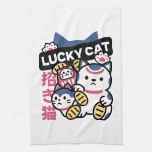 Lucky Cat Maneki Neko – Japanese Fortune Cat  Tea Towel