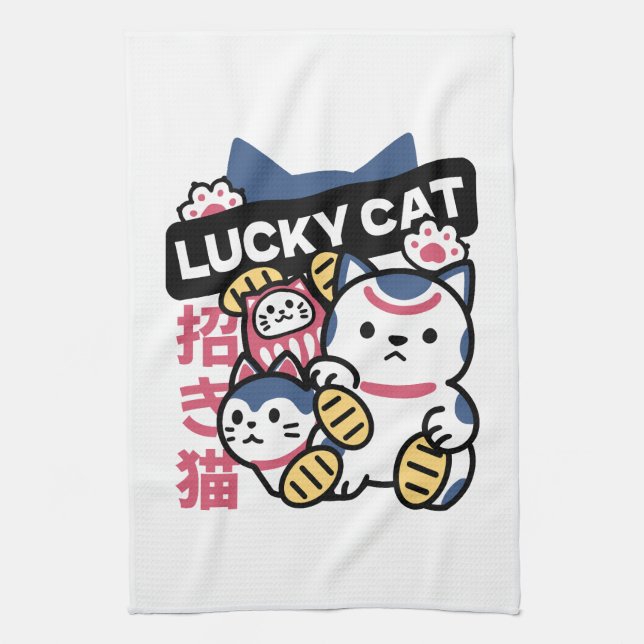 Lucky Cat Maneki Neko – Japanese Fortune Cat  Tea Towel (Vertical)