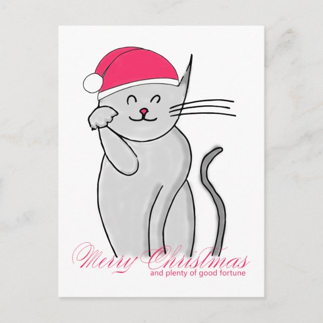 Lucky Cat Merry Christmas & plenty of good fortune Holiday Postcard (Front)