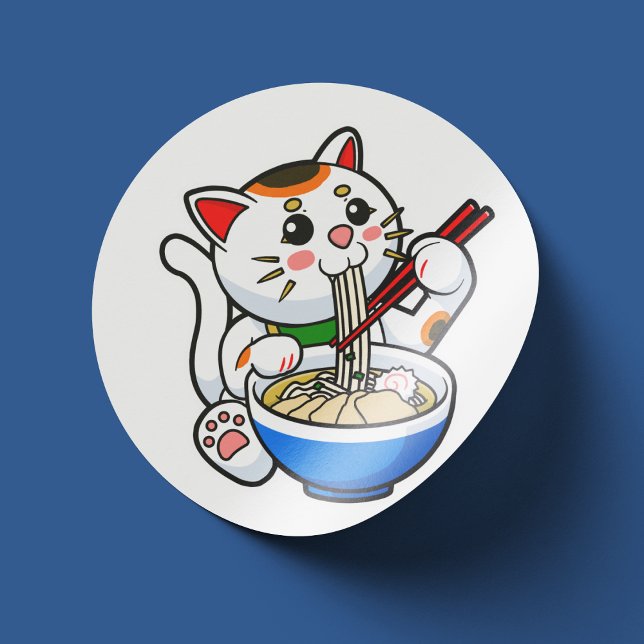 Lucky Cat Ramen Classic Round Sticker (Lucky Cat Eating Ramen- Sticker View)
