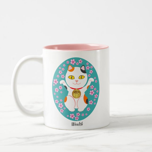 Lucky Cat Wealth Beckoning Japanese Maneki-Neko Two-Tone Coffee Mug (Left)