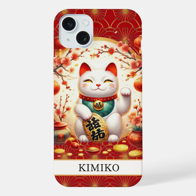 Lucky Cat With Gold Coins On Red Monogrammed iPhone Case (Back)