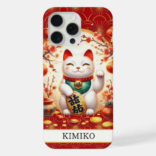 Lucky Cat With Gold Coins On Red Monogrammed iPhone 15 Pro Max Case