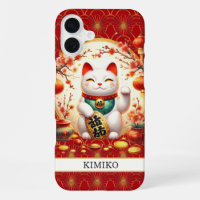 Lucky Cat With Gold Coins On Red Monogrammed