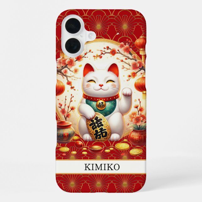 Lucky Cat With Gold Coins On Red Monogrammed iPhone Case (Back)