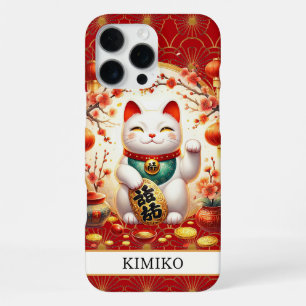 Lucky Cat With Gold Coins On Red Monogrammed iPhone 16 Pro Max Case