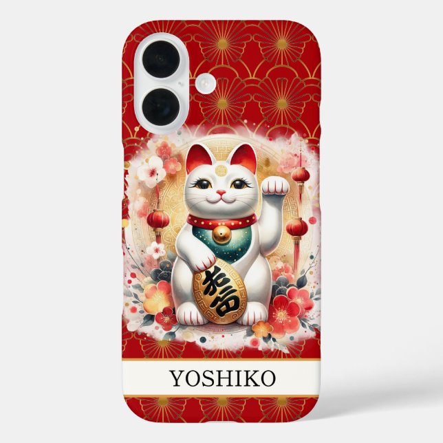 Lucky Cat With Red Flowers Monogrammed Case-Mate iPhone Case (Back)