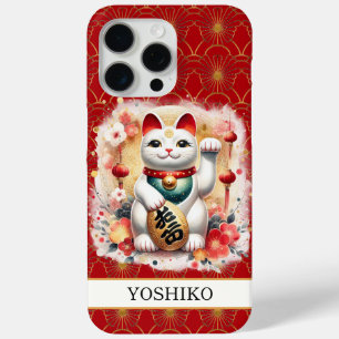 Lucky Cat With Red Flowers Monogrammed iPhone 15 Pro Max Case