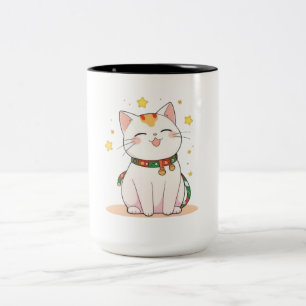 Lucky Cat with Stars Kawaii Design Two-Tone Coffee Mug