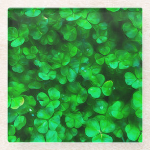Lucky Celtic Irish Green Shamrocks Glass Coaster