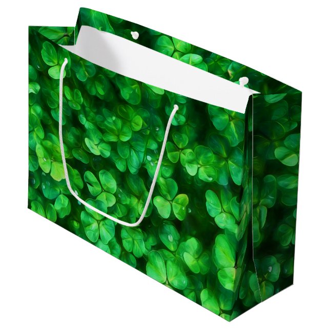 Lucky Celtic Irish Green Shamrocks Large Gift Bag (Front Angled)