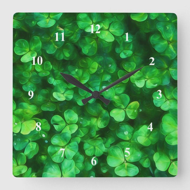 Lucky Celtic Irish Green Shamrocks Square Wall Clock (Front)