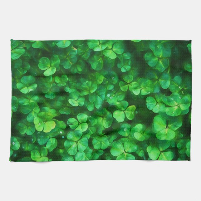 Lucky Celtic Irish Green Shamrocks Tea Towel (Horizontal)