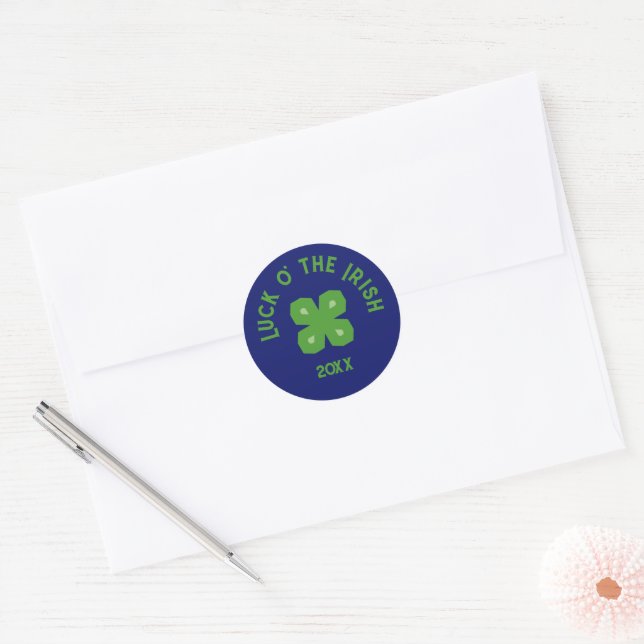 Lucky Charm Abstract 4-Leaf Clover on Blue Classic Round Sticker (Envelope)