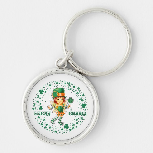 Lucky Charm. Fairy Irish Girl St. Patrick's Day Key Ring (Front)