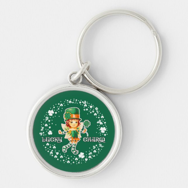 Lucky Charm. Fairy Irish Girl St. Patrick's Day Key Ring (Front)