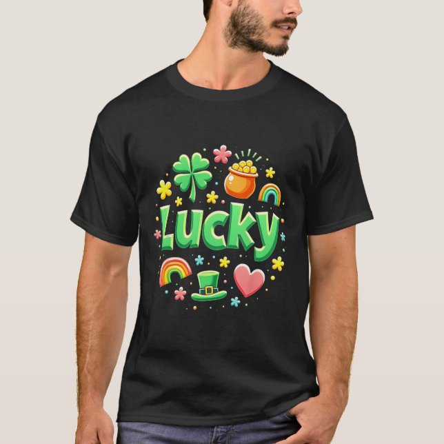 Lucky Charm Patricks Day Pot Of Gold Irish Shamroc T-Shirt (Front)