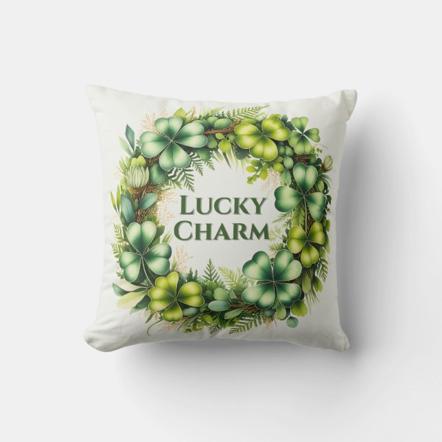 Lucky Charm Shamrock Wreath Throw Pillow (Front)