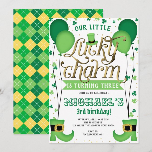 Lucky Charm, St Patrick's Day, Birthday Invitation (Front/Back)