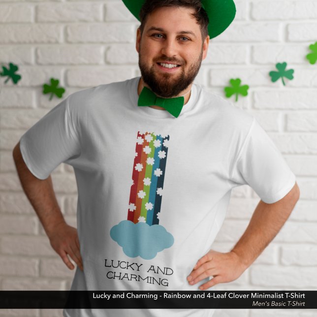 Lucky & Charming Rainbow 4-Leaf Clover Minimalist T-Shirt (Lucky and Charming, St. Patrick's Day T-Shirt with a Minimalist Rainbow and Four-Leaf Clover Design.)