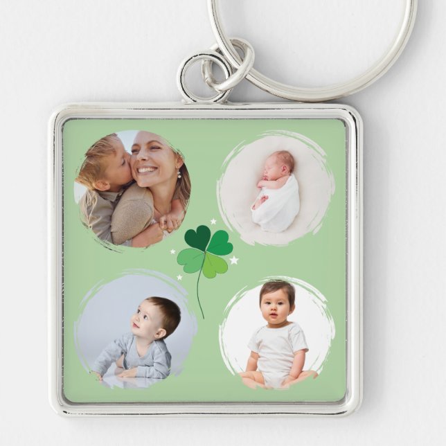 Lucky Clover 4-Photo Collage Custom Key Ring (Front)