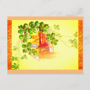 Lucky clover and horseshoe vintage art postcard