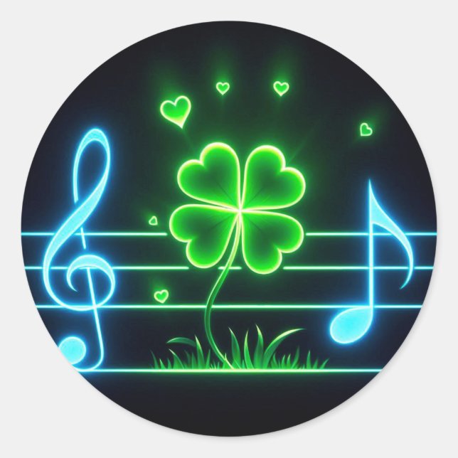  Lucky Clover and Music Notes Classic Round Sticker (Front)