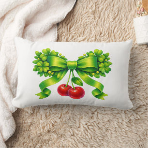 Lucky Clover Bow with Cherries Green Design Lumbar Cushion