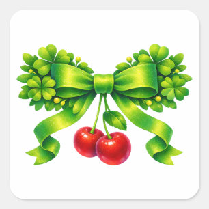 Lucky Clover Bow with Cherries Green Design Square Sticker