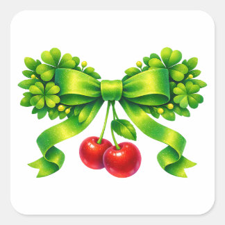 Lucky Clover Bow with Cherries Green Design Square Sticker
