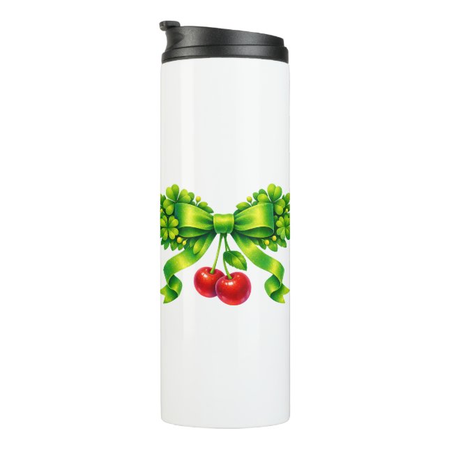 Lucky Clover Bow with Cherries Green Design Thermal Tumbler (Rotated Right)