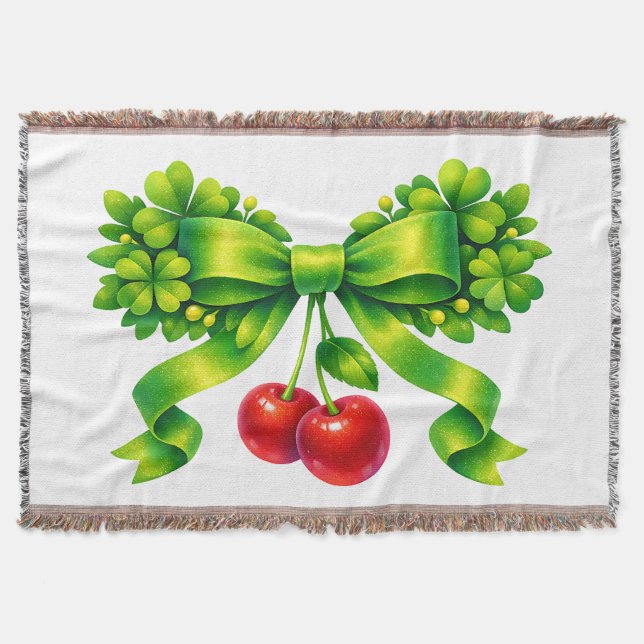 Lucky Clover Bow with Cherries Green Design Throw Blanket (Front)