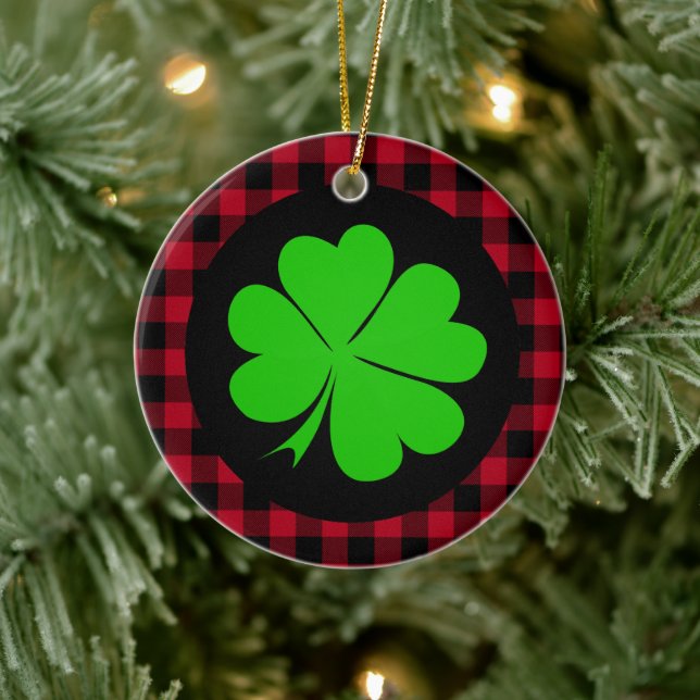 Lucky Clover charm, Shamrock, red buffalo plaid Ceramic Ornament (Tree)
