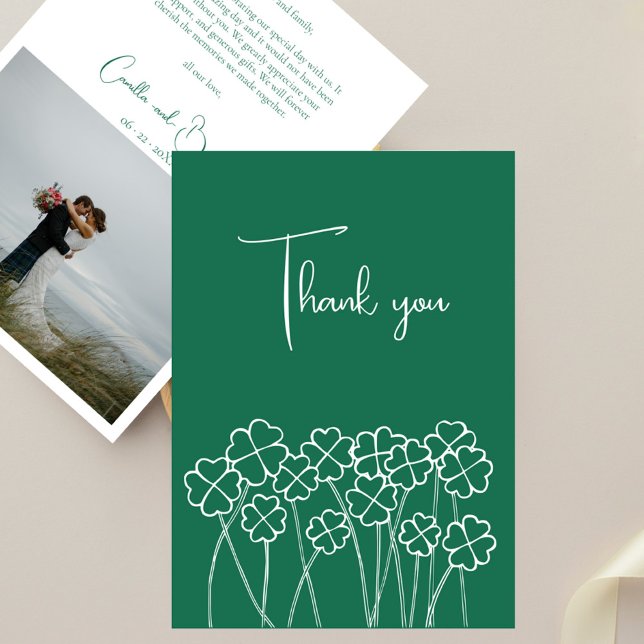 Lucky Clover Emerald Green Chic Photo Wedding Thank You Card (Creator Uploaded)