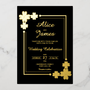 Lucky Clover Frame Elegant Black Gold Foil Wedding