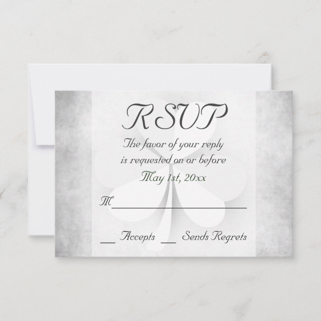Lucky Clover Grey Green Orange Irish Wedding RSVP Card (Front)