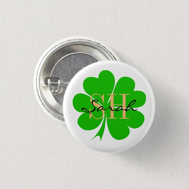 Lucky Clover leaf monogrammed & Shamrock / Irish 3 Cm Round Badge (Front & Back)