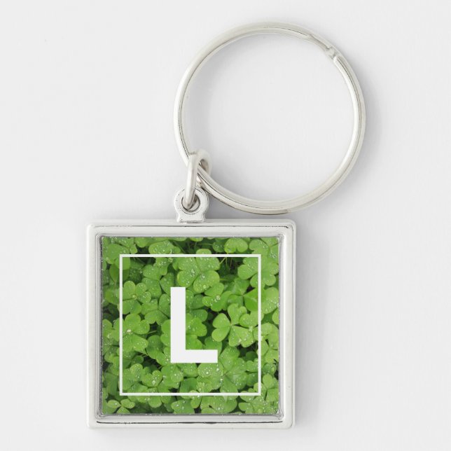 Lucky clover monogram, green meadow raindrops key ring (Front)