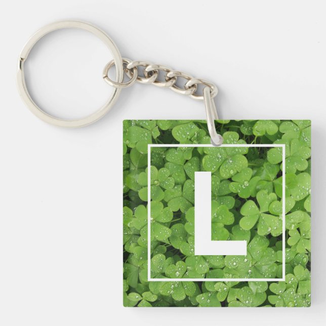 Lucky clover monogram, green meadow shamrock key ring (Front)