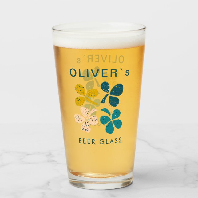 Lucky Clover Shamrock St Patrick`s day Name Beer Glass (Front Filled)